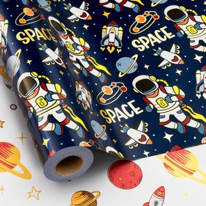 Space Wrapping Paper Roll 30 Inch X 33 Feet Navy Blue Astronaut Design For Kids Birthday Gift <b>Wrap</b> - Product Image 1