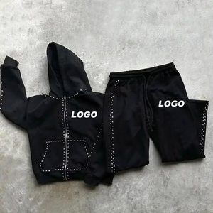 100% Cotton Breathable Zip-Up Hoodie Winter Sweatshirt Loose Fit Silk Screen Printing <b>Solid</b> Pattern Featuring <b>Rivet</b> Rhinestones - Product Image 3