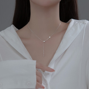 Collier en argent pur S925, style français brisé, coupe irrégulière simple avec perle, chaîne de clavicule tendance D9691 - Product Image 4