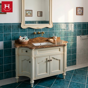 Meuble-lavabo double vasque classique français Happy Houses, sur mesure, blanc antique, en bois massif, avec plateau en marbre brun, pour villa et <span class=keywords><strong>maison</strong></span> - Product Image 3