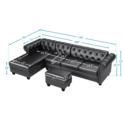 Chesterfield-sofá Seccional de 4 asientos de cuero PU, con almacenamiento, otomano, Envío Gratis, disponible