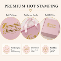 Emballage cadeau rose de luxe écologique avec logo doré, ruban personnalisé, poignée et couleur de film métallisé pour cosmétiques, bijoux, bougies et vente au détail