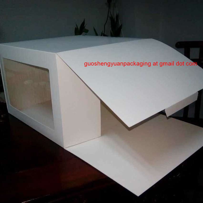 Складная коробка для торта из белой крафт-бумаги 12*42*12 см с прозрачным ПВХ окном 8*20 см, папки с УФ-покрытием