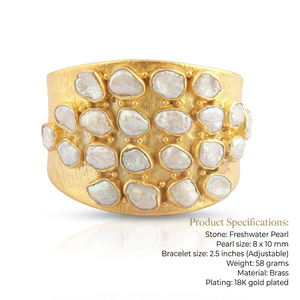 Brazalete ancho de perlas naturales de agua dulce, latón macizo chapado en oro de 18k, joyería de moda, banda texturizada, brazalete hecho a mano para mujer - Product Image 1