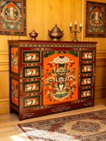 Lemari Samping Motif Binatang Mitologi Tibet Retro, Kayu Solid, Pintu Ganda Lukis Tangan, untuk Pintu Masuk, Ruang Belajar, Ruang Teh, Penyimpanan, 140x40x110cm