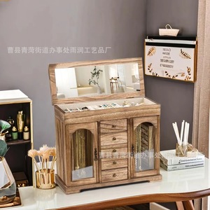 Solid Wood Jewelry <b>Box</b> Multi Layer <b>Vintage</b> Storage With Mirror And Drawers For Necklace Ring Bracelet Organization - Product Image 4