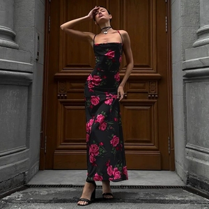 Deals Black Rose Print Dress V-Neck, Pleated Elegance | Alibaba.com