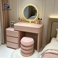 Ensemble de coiffeuse rose brillant avec miroir à LED à volants et armoire à 3 tiroirs