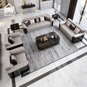Ensemble de canapés en cuir moderne de luxe, laque noire, finition dorée, meubles de salon, canapé 1+2+3 places avec table basse pour villa, hôtel - Product Image 3