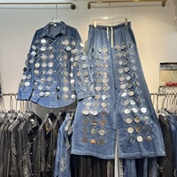 Ensemble haut chemise en jean à sequins épais et pantalon large perlé amincissant, style mode européenne haut de gamme, collection printemps