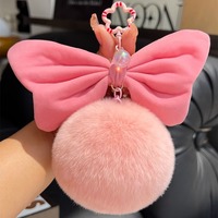 Porte-clés pompon nœud en fausse fourrure douce et moelleuse motif lapin avec crochets