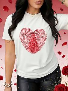 T-shirt da donna per San Valentino con stampa di impronte digitali a forma di cuore, manica corta, girocollo, casual, traspirante, leggera, in cotone - Product Image 3
