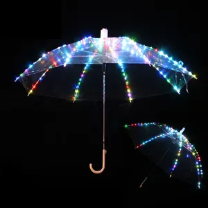 Personalizar Logo LED poste recto transparente claro paraguas, con luz brillante fabricante de lujo lluvia paraguas/