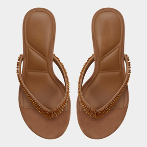 Women's Brown Suede Beaded Fringe Thong <strong>Mules</strong> Square Toe <strong>Kitten</strong> <strong>Heel</strong> Slide Sandals - Product Image 6