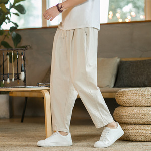 <span class=keywords><strong>Pantaloni</strong></span> con coulisse dritti traspiranti tinta unita <span class=keywords><strong>pantaloni</strong></span> Casual da uomo in cotone <span class=keywords><strong>lino</strong></span> - Product Image 1