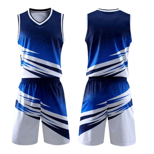 Ensemble de maillots de basket-ball imprimés par transfert thermique bleus, col en V, sans manches, séchage rapide, polyester, uniformes avec lettres/caractères et bandes latérales - Product Image 1