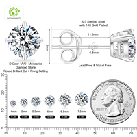 Boucles d'oreilles clous en moissanite 4 griffes, testées au diamant, en or blanc 14K et argent 925, VVS, 4-7,5 mm, pour femme