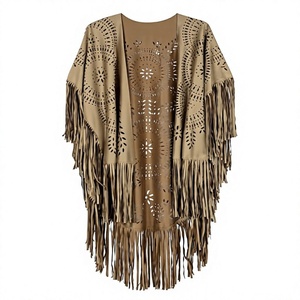 Châle à franges en daim pour femmes, gilet court bohème en polyester de couleur unie pour un usage quotidien - Product Image 1