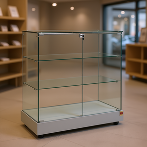 Vitrine de comptoir HZA 93x46x90cm gris clair, portes battantes verrouillables, 2 étagères, base à roulettes dissimulées - Product Image 3