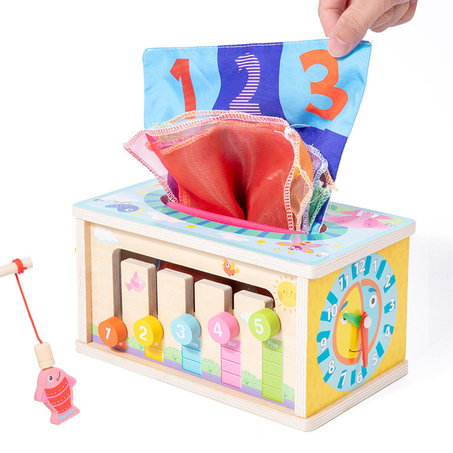 Montessori Math Educational Wooden Puzzle Activity Cube Fishing Baby Tissue Box Toy Multifunctional