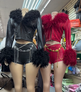 Viviblook Z1230ST05 Conjunto de Dos Piezas para Mujer, Chaqueta Cárdigan Elástica con Parches de Piel Sintética, Top Corto y Pantalones Cortos, Talla Grande, Transpirable - Product Image 1