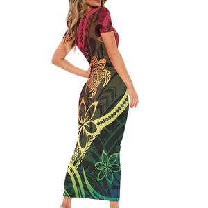 Robe Maxi d'été décontractée pour femmes <span class=keywords><strong>Tortue</strong></span> polynésienne Tattoo Reggae Design Short Sleeve Elegant Eco-Friendly Natural Dress - Product Image 2
