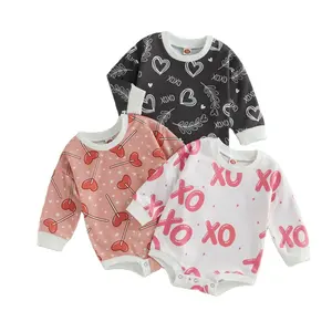 2023 Lovely XOXO Lollipop Heart Print Baby Girls Valentine's Day Clothes Sweatshirt Romper Valentines Baby Sweater Bubble Romper