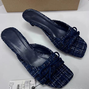 Mules à bout carré pour femmes avec nœud décoratif, sandales ouvertes sans talon, sandales à talon bleu pour femmes - Product Image 3