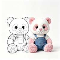 Peluche Panda Blanc Adorable avec Oreilles Roses, Jolie Poupée Panda Rembourrée Portant une Chemise et un Salopette en Jean Bleu, Peluche Panda Douce