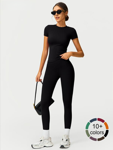 Set celana Yoga lengan pendek wanita, kemeja lengan pendek legging pinggang tinggi untuk atletik Gym 2 potong leher bulat dan celana Yoga - Product Image 4