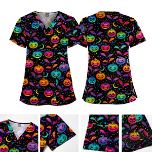 เสื้อสครับพิมพ์ลายฮาโลวีนผ้าโพลีเอสเตอร์สแปนเด็กซ์กันรอยยับสำหรับใช้ในโรงพยาบาล - Product Image 2