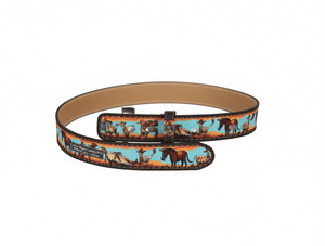 Western Cowboy Print Belt 4.2cm 120cm Dark Brown Polyester Fabric Belt With Heat Transfer Design - Product Image 1