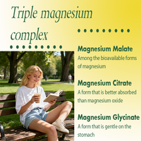 Suplemento de Glicinato, Citrato y Malato de Magnesio OEM/ODM, Venta Caliente, Apoya la Salud del Corazón, el Rendimiento Muscular y la Relajación, Complejo Triple de Magnesio