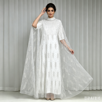 Robe de soirée pour femme, style robe de bal, avec col mandarin, strass, satin, modeste, musulmane