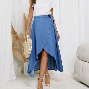 फैशन महिला विंटेज समर लेस-अप ब्लू हाई लो साइड शॉर्ट स्प्लिट रफ़ल हेम अनियमित फैन आउट डेनिम स्कर्ट - Product Image 4