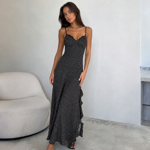 Women's V Neck Polka Dot Maxi Dress <b>Spaghetti</b> Strap Lace Trim Ruffle Hem A Line <b>Long</b> Dress Summer Beach Vacation Party Wear - Product Image 4