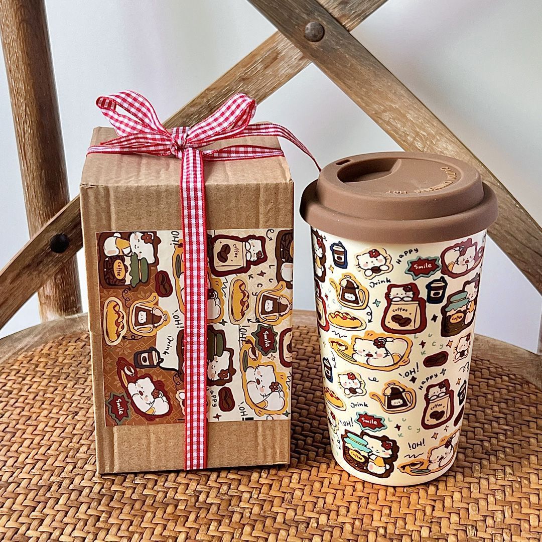 Retro cat-shaped handheld mug with silicone lid gift box
