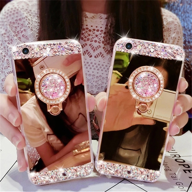 Luxury Crystal Rhinestone Bling Diamond Mirror Case for iphone 11 12 13 14 7 8 Plus 6s Plus XS Max Xr X Glitter Ring Stand Case
