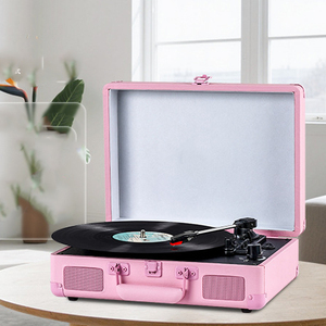 Tourne-disque portable vintage 3 vitesses en forme de valise <span class=keywords><strong>rose</strong></span> avec sortie RCA, entrée AUX et haut-parleurs stéréo intégrés - Product Image 2