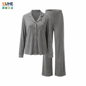SUHE Women's Ultra Soft Breathable 92% Modal Ribbed Knitted <b>Elastic</b> Waist Winter Pajama Set Long Sleeve Button Sleepwear Solid - Product Image 1