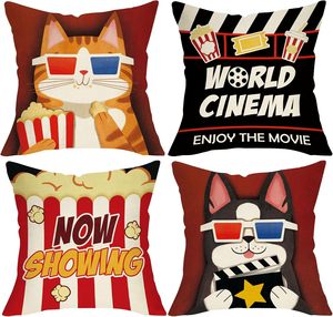 4 housses de coussin de cinéma modernes, motif de cinéma avec chat et <span class=keywords><strong>chien</strong></span>, plateau à popcorn, design de cinéma, adaptées à la décoration de la maison, de la terrasse et du jardin - Product Image 1