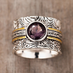 A143 Cocktail <b>Ring</b> 925 Silver <b>Amethyst</b> Bezel Setting <b>Gold</b> Plated Flower Pattern Unisex Everyday Wear - Product Image 3