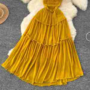 Robe midi plissée vintage d'été pour femme, coupe classique, en tissu écologique, imprimé numérique, jaune dentelle - Product Image 3
