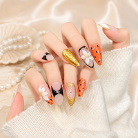Ongles Press-On Faits Main de Luxe, Motif Fleur 3D Noir Orange, Faux Ongles Réutilisables, French Manucure Personnalisée, Vente en Gros