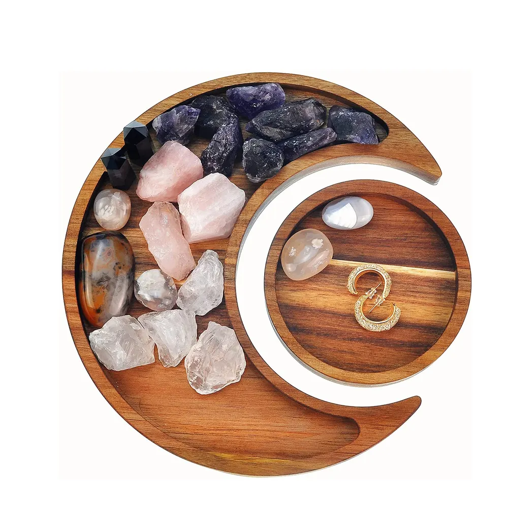 Moon Tray Acaica Wood Crystal Holder for Stones Healing Crystals Storage and Organizer Crescent Bowl Witchy Crystal Display tray
