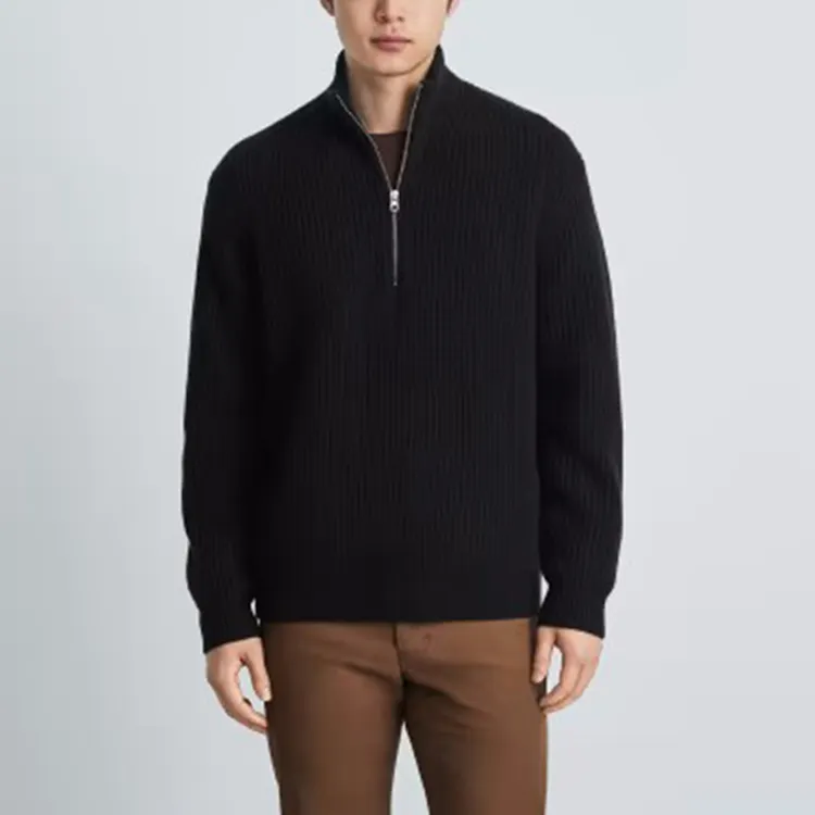 Venta al por mayor personalizado Otoño Invierno Zip Pullover 100% Cachemira pura cuello alto medio punto manga larga suéter hombre