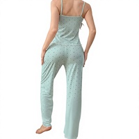 Women Casual Polka Dot Ruffled Spaghetti Strap Pajama Set Knitted Soft Sleepwear Full Length Elastic Waist Pants Spring Beach