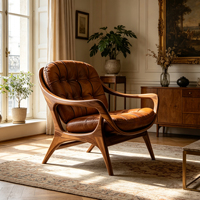 Fauteuil de détente en cuir marron capitonné avec structure en bois de noyer massif pour un espace de vie résidentiel vintage et rétro