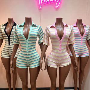 <span class=keywords><strong>Tuta</strong></span> Corta da Donna Jiubaju con Scollo <span class=keywords><strong>a</strong></span> V, Maniche Corte, <span class=keywords><strong>Righe</strong></span>, Bottoni e Colletto Rovesciato, Ideale per Vacanze - Product Image 1
