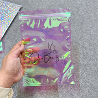 Bolsas con cierre de cremallera iridiscente láser reutilizables personalizadas, bolsas de embalaje de plástico transparente rosa, bolsa holográfica para cosméticos